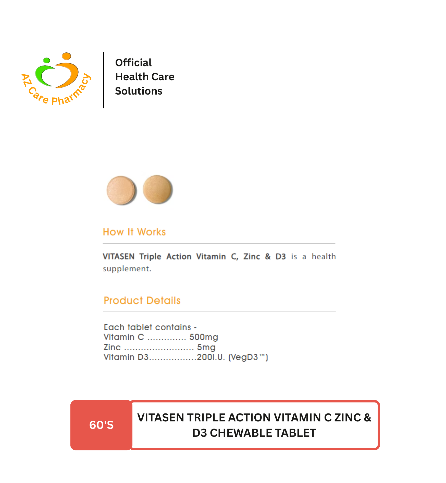 Vitasen Triple Action Vitamin C Zinc & D3 Chewable Tablet 60s - Image 4